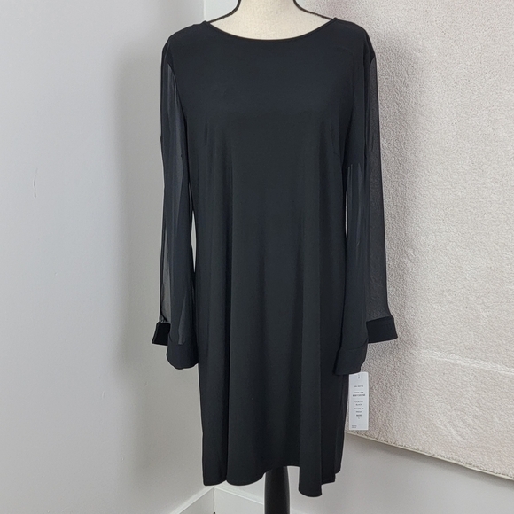 MSK Black Long Sheer Spit Sleeve Cocktail Special Occasion Shift Dress Sz L NEW - Picture 1 of 12